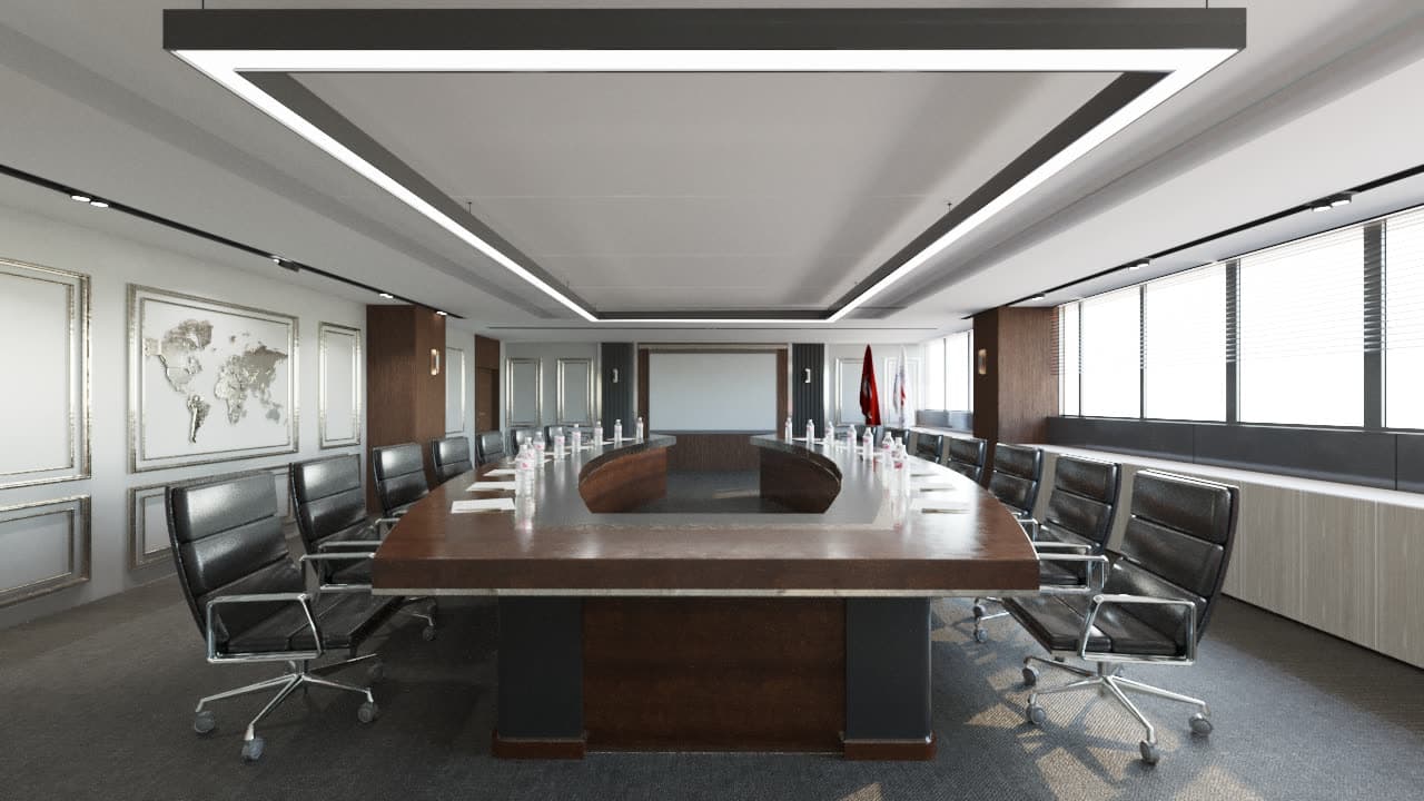 Ofis toplantı odası: ahşap toplantı masası ve duvar panelleri